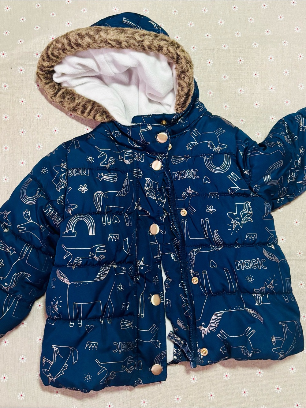 Carter's Navy Blue Puffer Jacket with Hood and Faux-Fur Trim-18 months